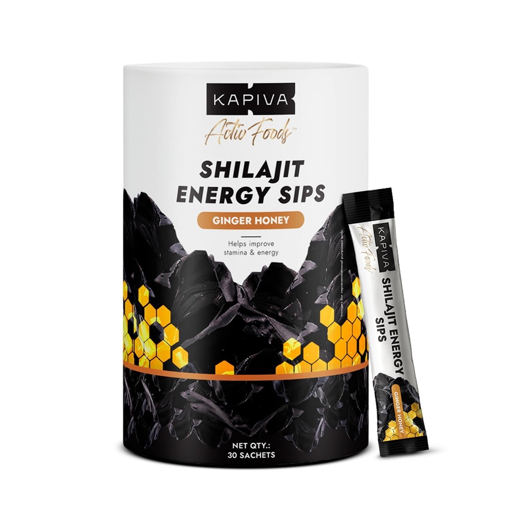 Kapiva Shilajit Energy Sips | With 100% Pure Shilajit/Shilajeet | 250mg Shilajit/Stick | Boosts Energy & Stamina | 30 Sachets | Ginger Honey Flavour (30 N)