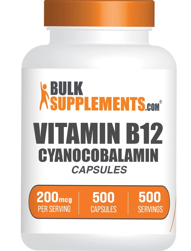 BulkSupplements.com Vitamin B12 Capsules - som Cyanocobalamin, vitamin B Supplement, Vitamin B12 200 mcg - Energi Vitaminer, Gluten Free, 1 Kapsel per Servering, 500 kapslar (Pack av 1)