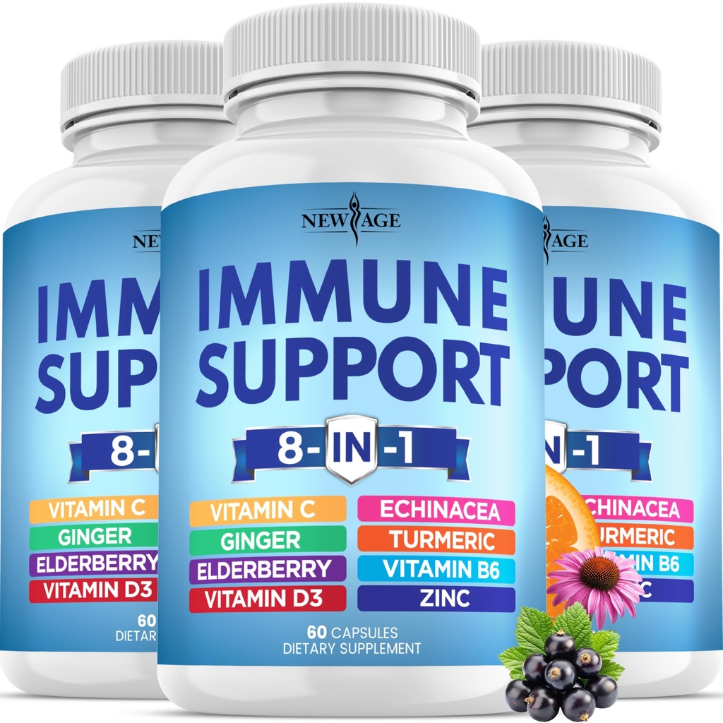 8 in 1 Immune Support Booster Supplement with Echinacea, Vitamin C and Zinc 50mg, Vitamin D 5000 IU, Turmeric Curcumin & Ginger, B6, Elderberry (8 in 1 Capsules (Pack of 3))