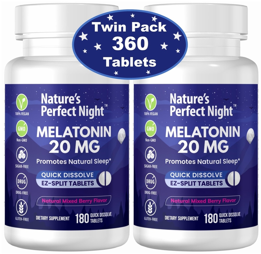 Naturens perfekta natt | Melatonin 20mg | 180 Snabbupplösta tabletter, 2-pack | Natural Mixed Berry smak | Hög styrka | Sugar Free | Vegan | Gluten Free | 2 greve