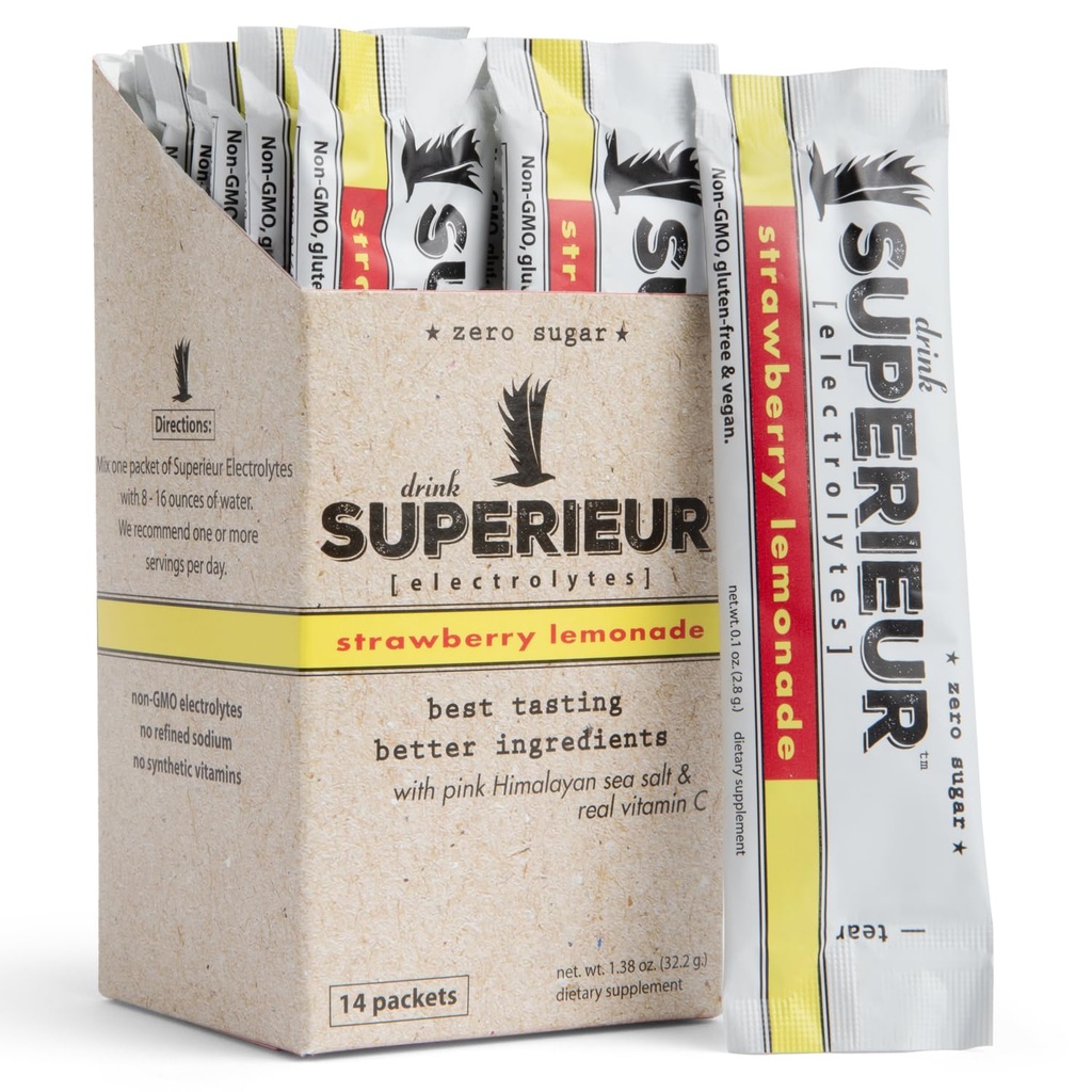 Superieur Electrolyte Powder Packets- Vegan Electrolyte Hydration Powder W/Sea Minerals- Keto Friendly, Non-GMO, Zero Sugar Electrolyte Supplement-Healthy Sports Drink-Strawberry Lemonade (14 Packets)