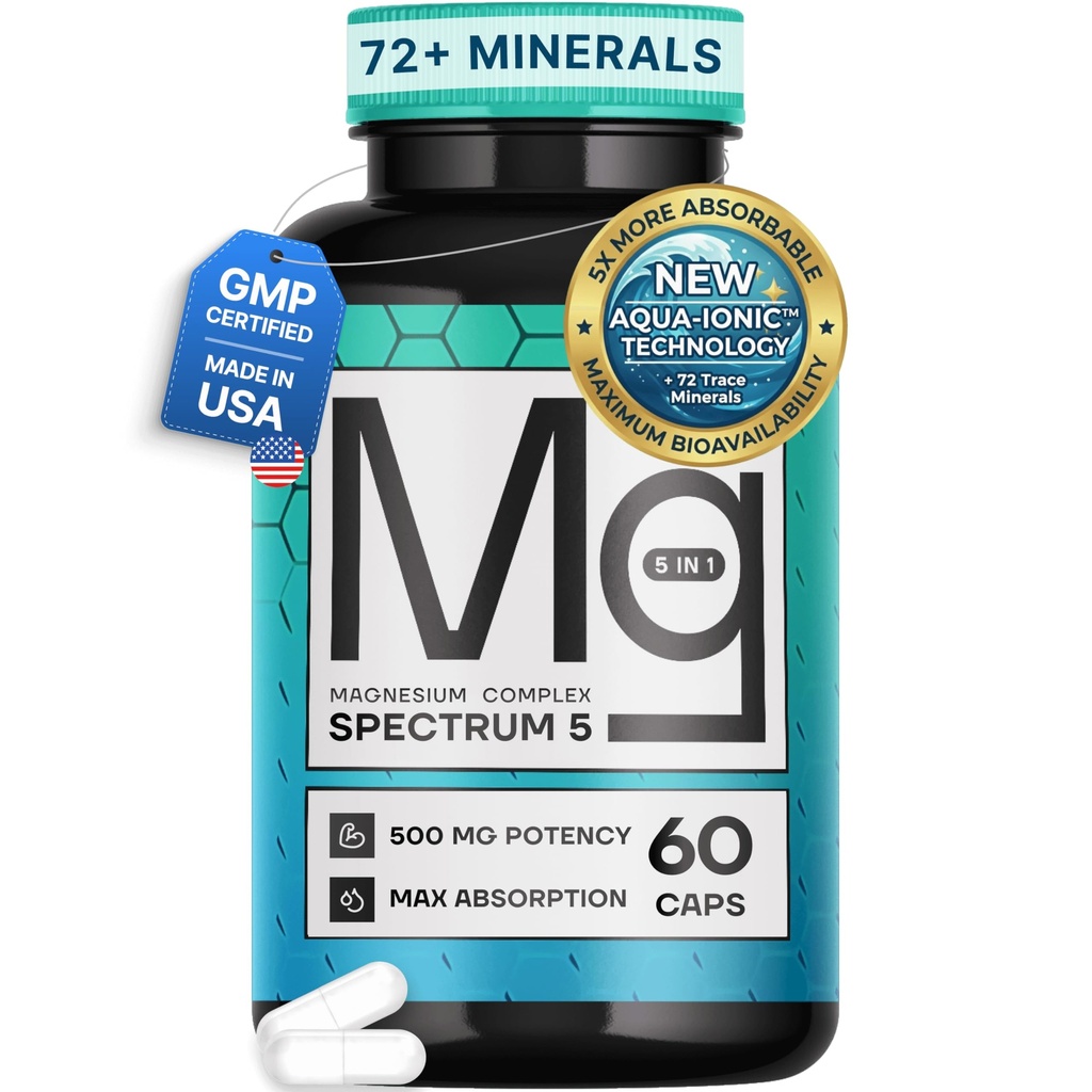 Spektrum 5 Magnesium | 5-i-1 Komplex + 72 spårmineraler för förbättrad absorption | Irländska sjön källa | 500 mg per portion | Made in USA, Third Party Tested, GMP Certified