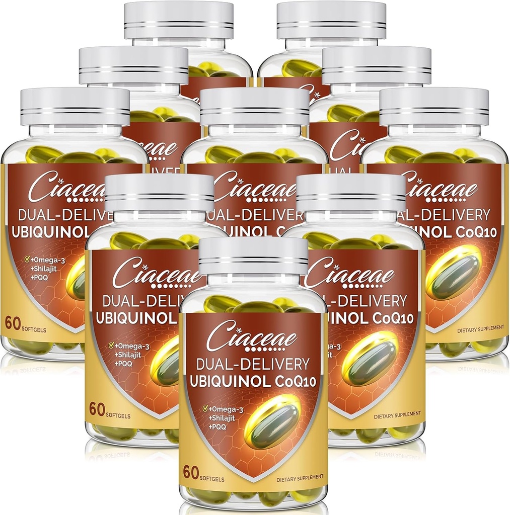 Ubiquinol CoQ10 600 MG Softgels med Omega-3 & Shilajit & PQQ, Advanced Dual-Delivery Coenzyme-Q10, Active CoQ10 Ubiquinol Supplement för fertilitet, antioxidant, hjärta, hjärna och energi, 600 portioner