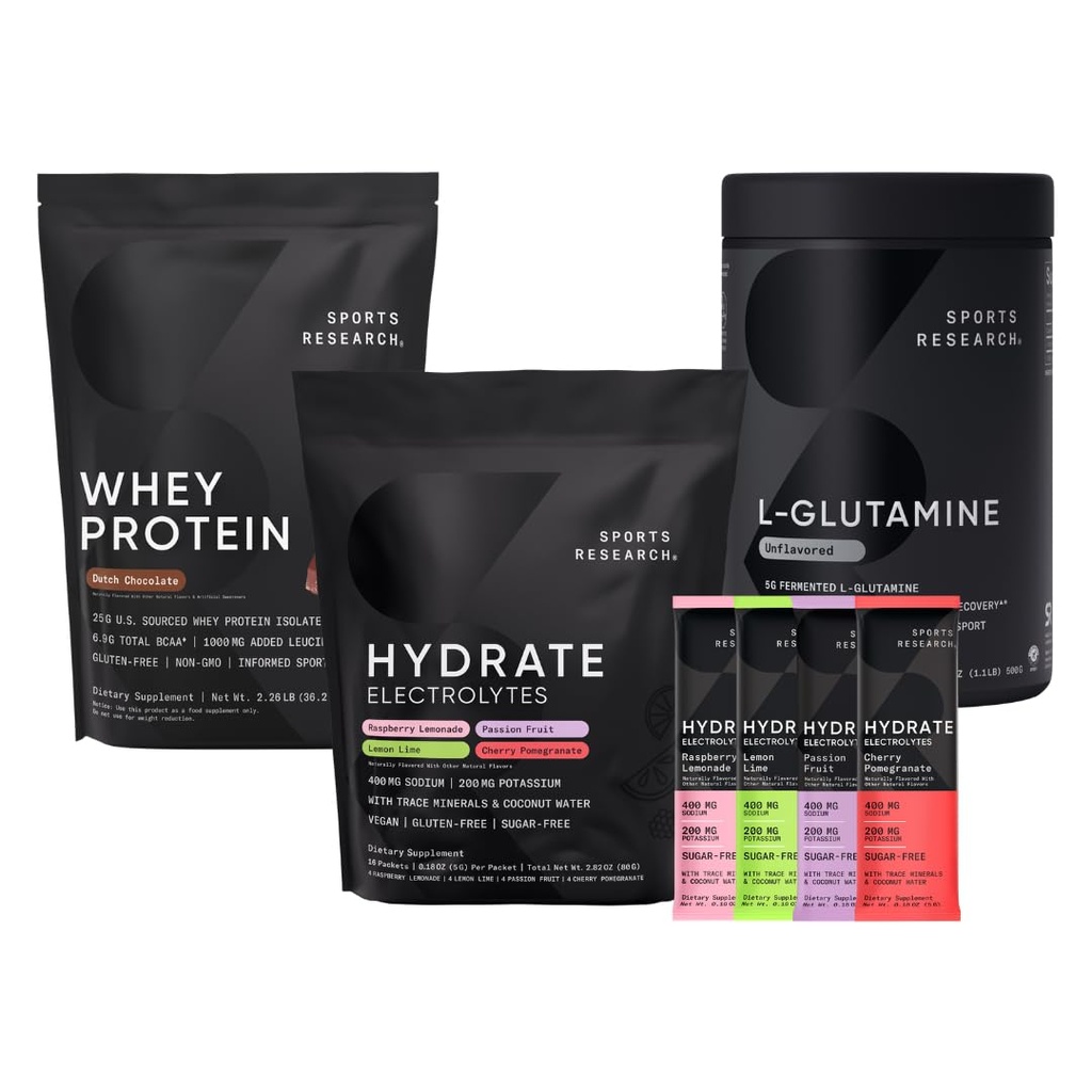 Sports Research Multi Flavor Hydrate Electrolytes Packets, nederländska Chocolate Flavored Whey Protein Isolate Powder och Unflavored L-Glutamin
