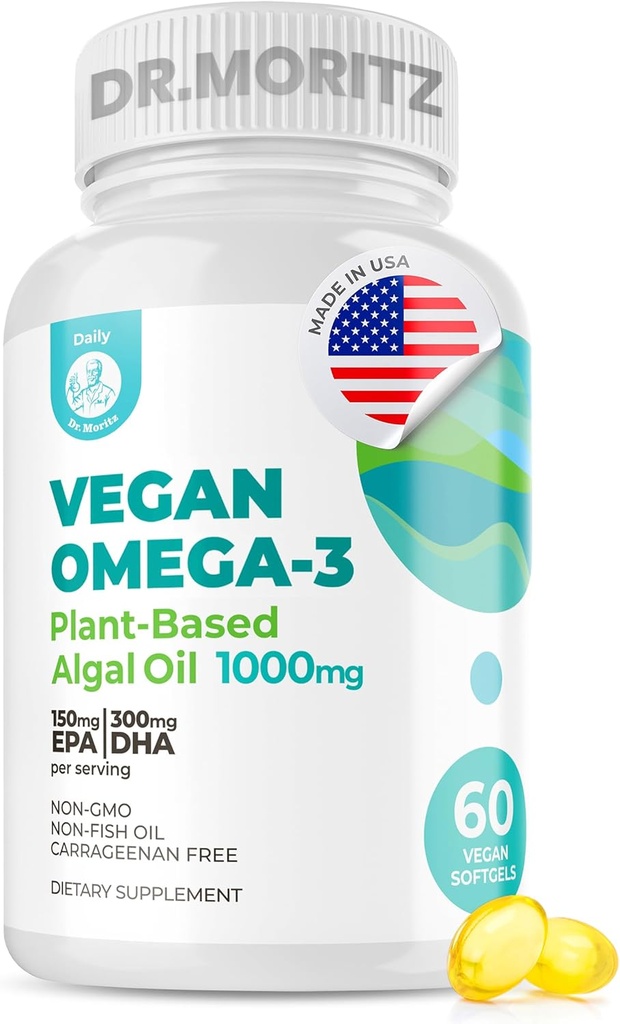MORITZ Vegan Omega-3 Softgels för vuxna och barn, tillverkad av Algae Oil med DHA EPA, Small Algae Omega 3 Supplements, Vegan, 60 Count