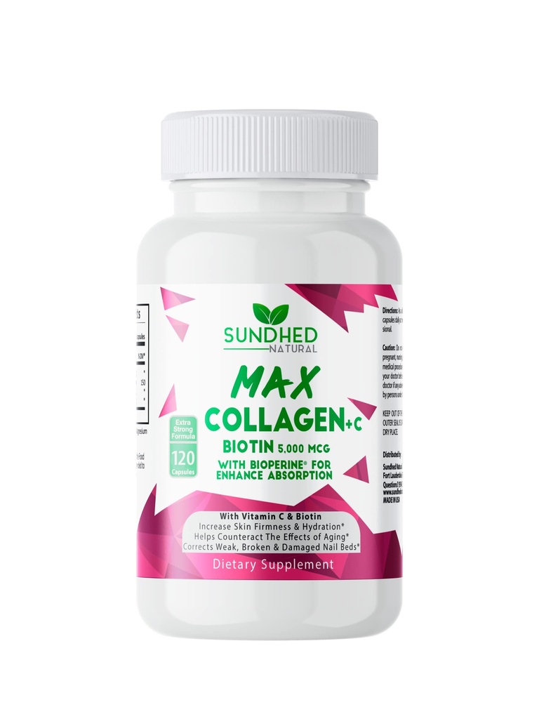 Sundhed Max Collagen Plus C - All Natural Collagen med Biotin & Bioperine för att öka anti åldrande Hydration & Skin Firmness - Stärka Bones & Nails (Capsules 2-månader) (120 greve)