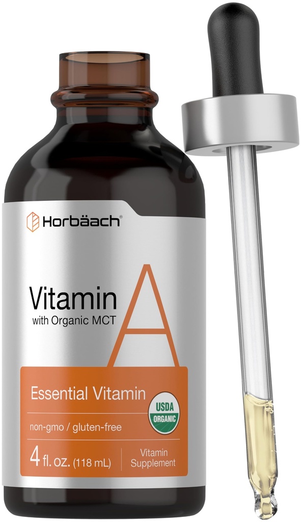 Horbäach Vitamin A Liquid | 4 fl oz | Tillägg med organisk fraktionerad kokosolja | Non-GMO, Gluten Free