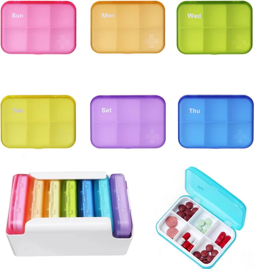 7 Piece Set Pill Organizer 6 gånger om dagen, Weekly Daily Travel Medicine Organizer Portable 7 Day 42 Compartments Pill Box med Moisture-Proof Pill Case Travel Pill Container för vitaminer, tillägg