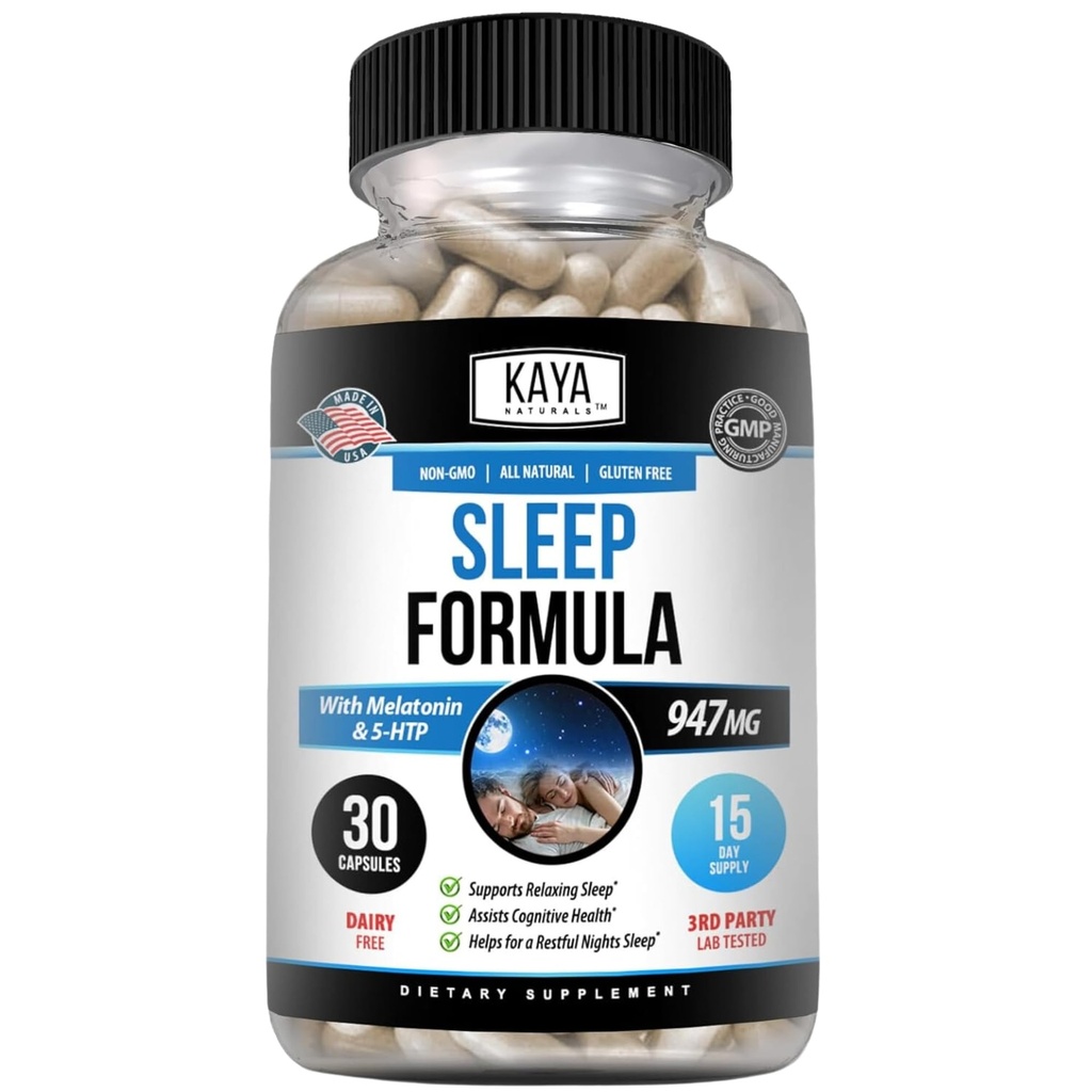 Kaya Naturals - Sleep Support Formel med Melatonin - Stöd Vitamin Supplement - Sleep Stress och Mood Support - L-Tryptophan, Passion Flower, Ashwagandha och mer (30 greve)