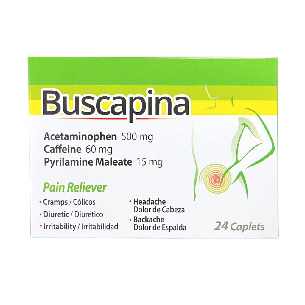 Buscapina Pain Relief Caplets - PMS, Cramps, Headaches, Bloating, Back & Joint Pain - för kvinnor och män - Box med 24 Caplets