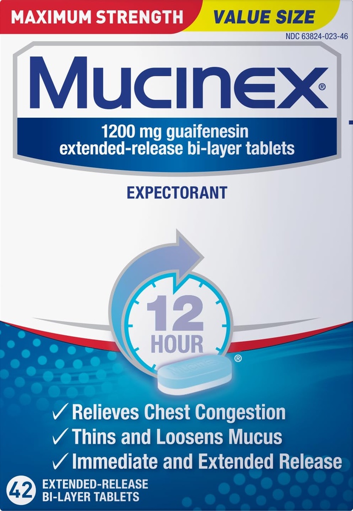 Mucinex 12 Hour Maximum Strength 1200 mg Guaifenesin Extended-Release Tablets for Excess Mucus Relief, Expectorant Aids Excess Mucus Removal, Chest Congestion Relief, 42 Tablets