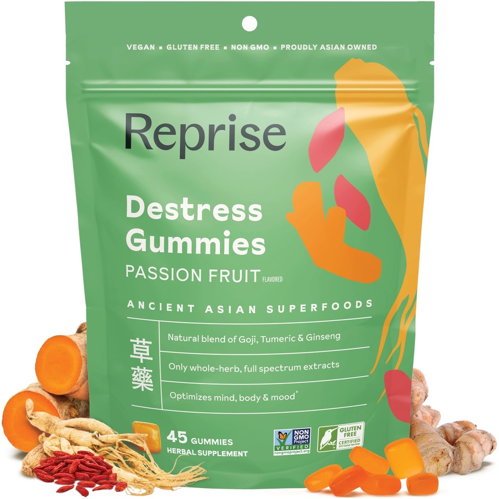 De-Stress Gummies med amerikanska Ginseng, gurkmeja och Goji - Hjälp med stressavlastning och humörboost, all-naturlig avkoppling, låg socker, 45 Vegan Gummies, Passion Fruit (45 Gummies (Pack av 1))