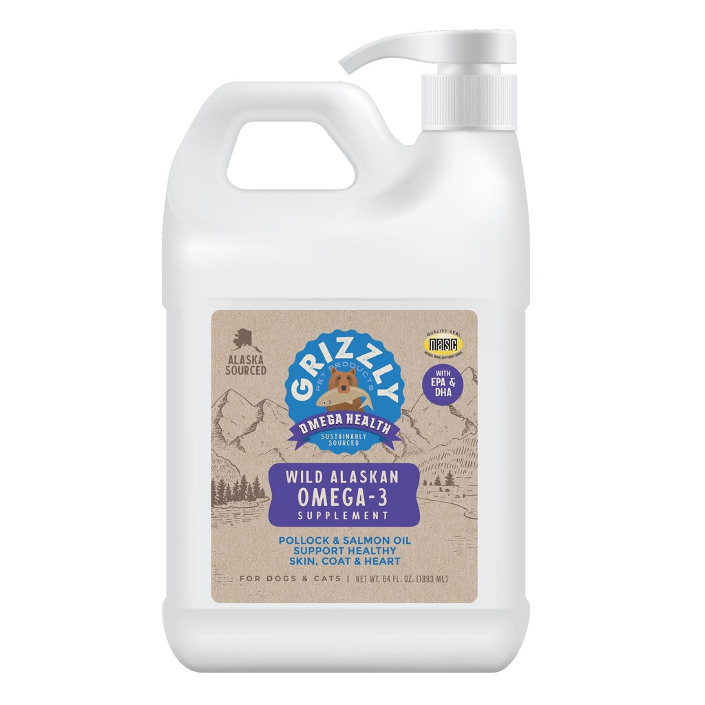 Grizzly Pet Products Omega Health Liquid Omega-3 Supplement för hundar och katter, 64 Ounce Jug