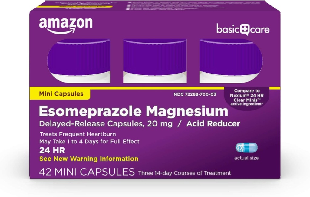 Grundläggande vård Esomeprazole Magnesium Fördröjd frisättning Mini kapslar, 20 mg, Syra Reducer, 24 timmars Heartburn Medicine, 42 greve