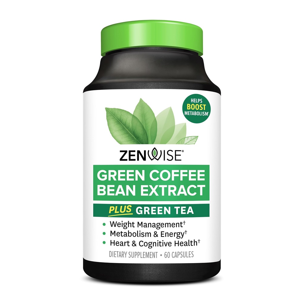 Zenwise Health EGCG Green Tea Extract Capsules med Coffee Bean Extract - 50% EGCG + 98% Polyfenoler Supplement - Gröna Te piller för hud och hjärtsupport + hjärnhälsa och minne Boost - 60 Count