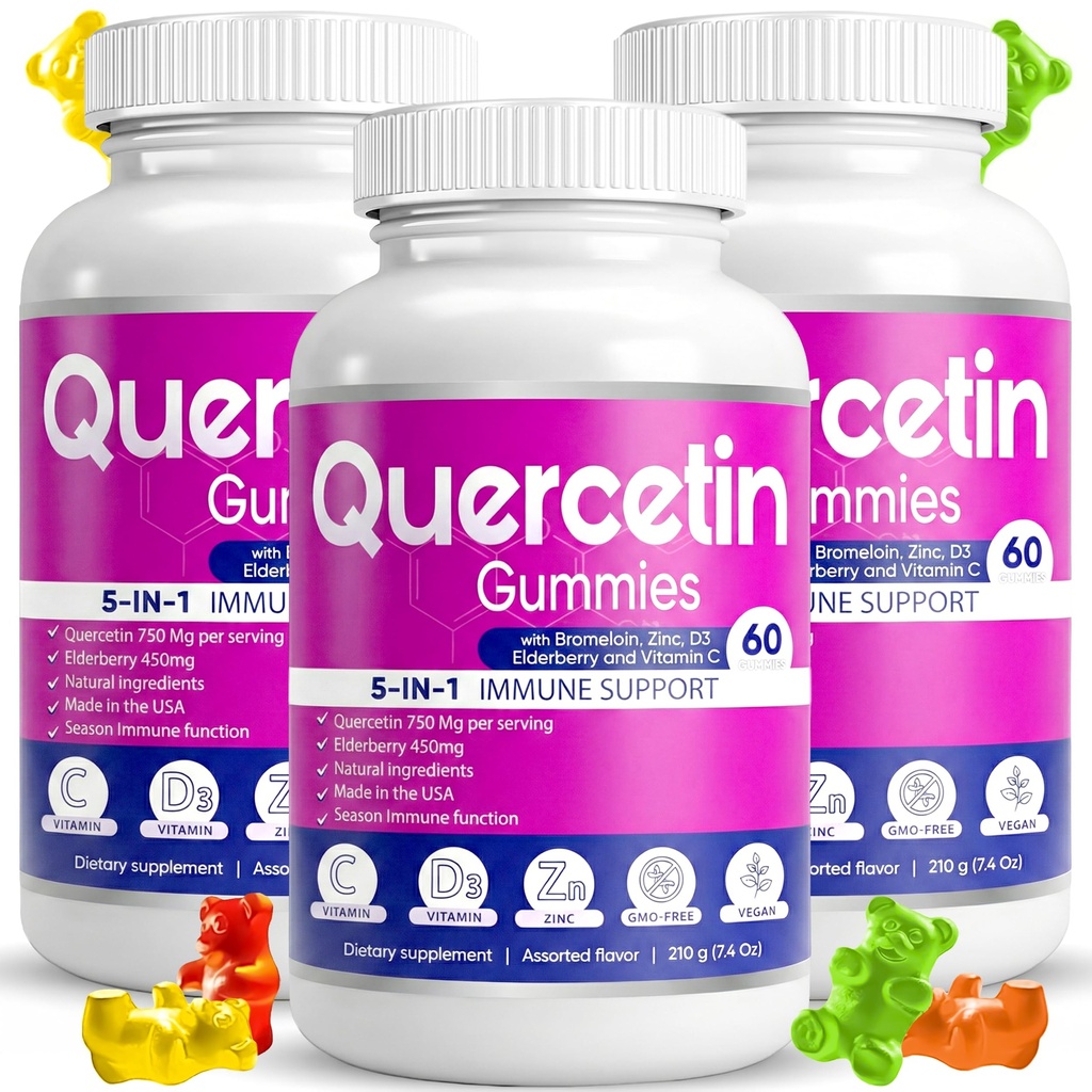 (3 Pack) Quercetin Gummies av BioVitalica - Quercetin med Bromelain Vitamin C och Zinc & Elderberry + Vitamin D3-5 i 1 Immune Support - Zink Quercetin 750 mg för barn och vuxna