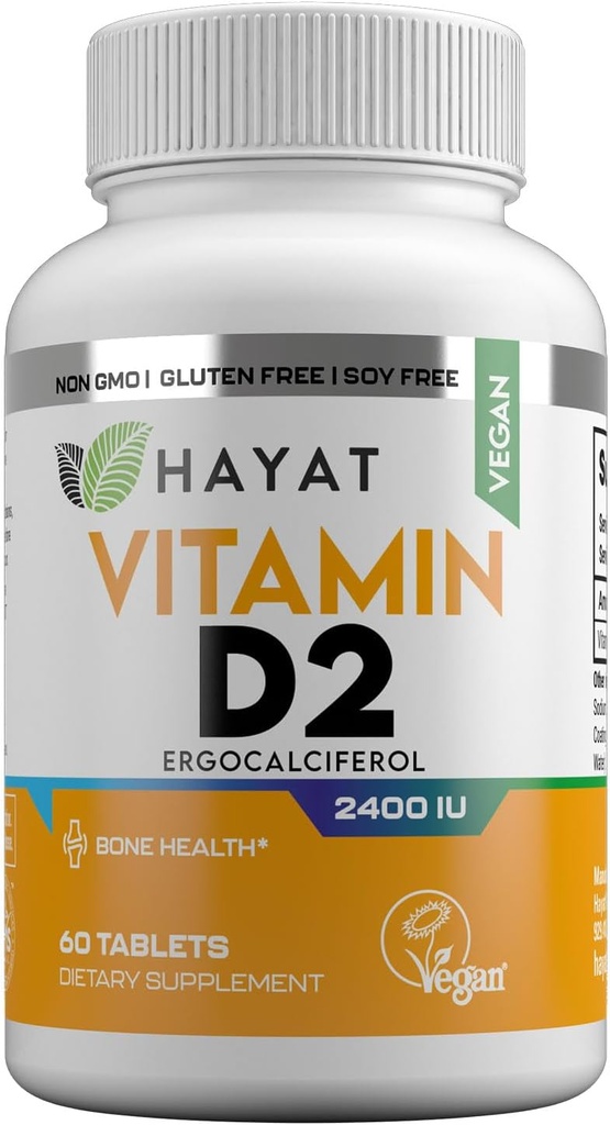 HAYAT Vitamins Vegan Vitamin D2 2400 IE (60 MCG), Kosttillskott för ben, tänder, muskel och immunhälsa, 2 månaders leverans, all naturlig, certifierad Halal, 60 tabletter, tillverkad i USA