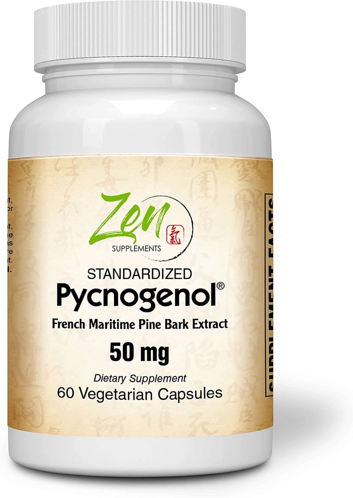 Zen Supplements Pycnogenol 50mg - Standardiserad fransk Maritime Pine Bark Extract för Antioxidant & Inflammation Support - Non-GMO, Gluten & Soy Free 60-Vegcaps