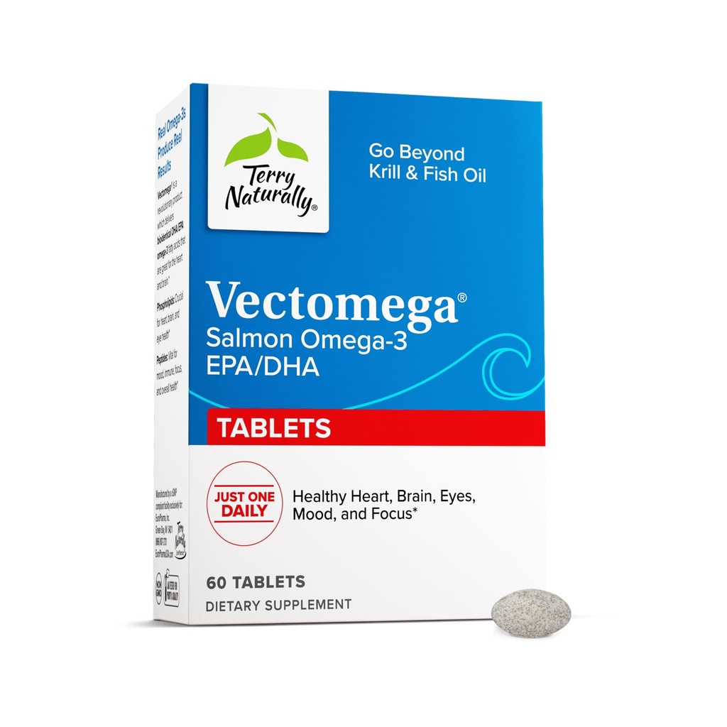 Terry Naturally Vectomega - Tillägg med EPA & DHA - Omega-3 tabletter för hjärn- och hjärthälsostöd - näringstillskott med viktiga fettsyror och peptider - 60 tabletter