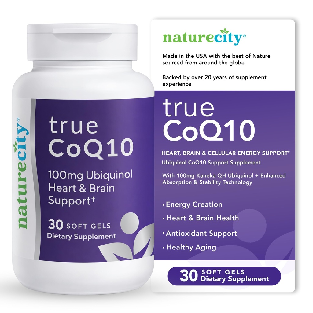 NatureCity True-CoQ10 Ubiquinol 100mg Högt absorberbart och stabiliserat Kaneka QH CoQ10 Hjärta, hjärna och cellulär energiförsörjning - (30 mjuka Gels) Aktiv Q10 som Ubiquinol