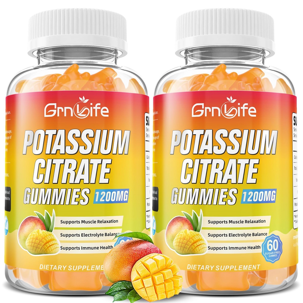 Kalium Citrate Gummies, High Potassium Supplement Gummies 1200mg Support Leg Cramps & Muscle Health, Kalium Gummies för vuxna och barn, Vegan, Mango Flavor 120 greve