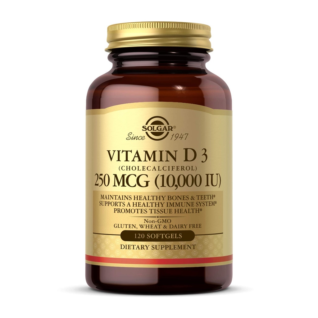 Solgar Vitamin D3 (Cholecalciferol) 250 MCG (10.000 IE), 120 Softgels - Hjälper till att upprätthålla hälsosamma ben och tänder - Immunsystemsupport - Non GMO, Gluten Free, Dairy Free - 120 portioner