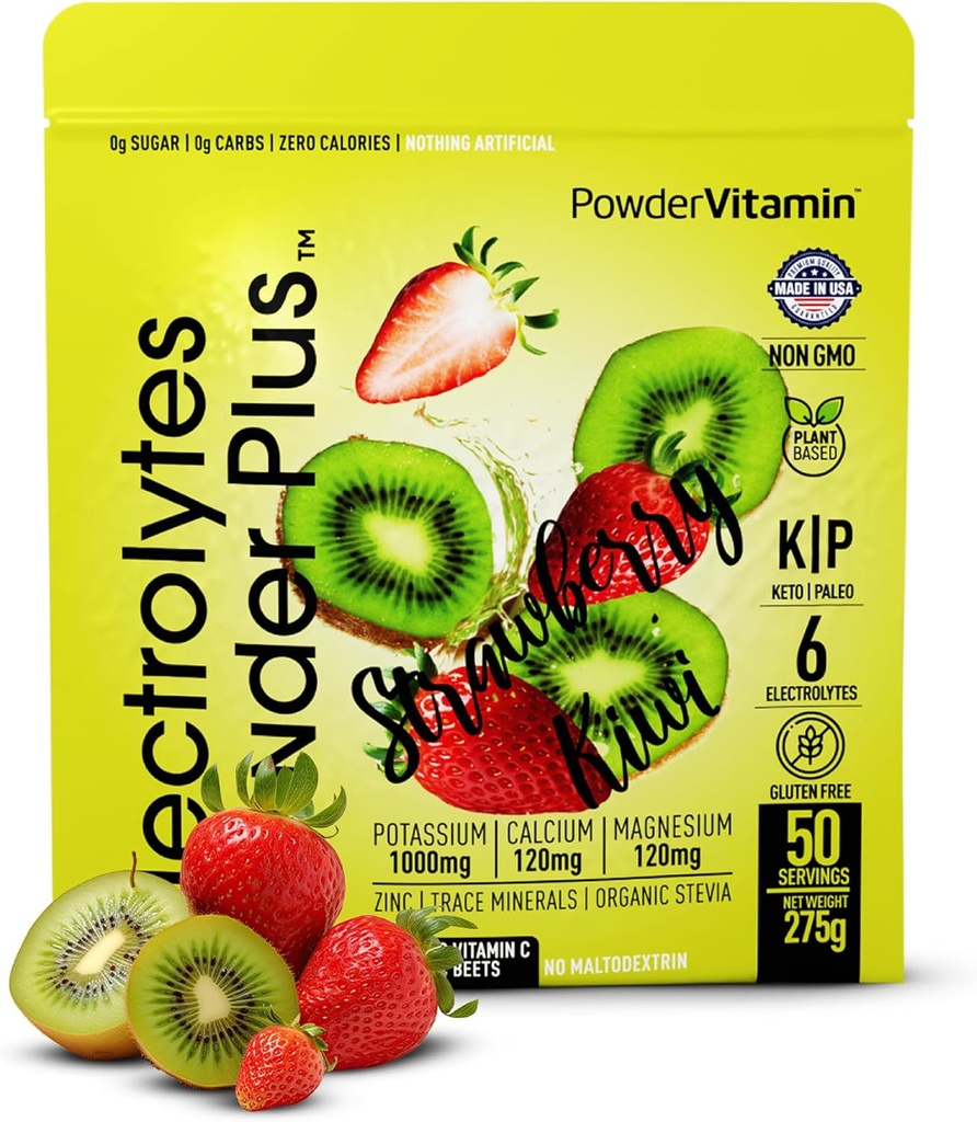 Electrolytes Powder Plus (50 portioner), 0 Calorie Keto, 0 Sugar, No Maltodextrin,1000mg Potassium,120mg Calcium,120mg Magnesium, Hydration Powder (50 portioner, Strawberry Kiwi)