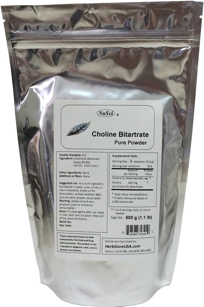 Choline DL-Bitartrate Pure Powder 500g (1.1 lb, 17,6 oz) Smart Nutrient