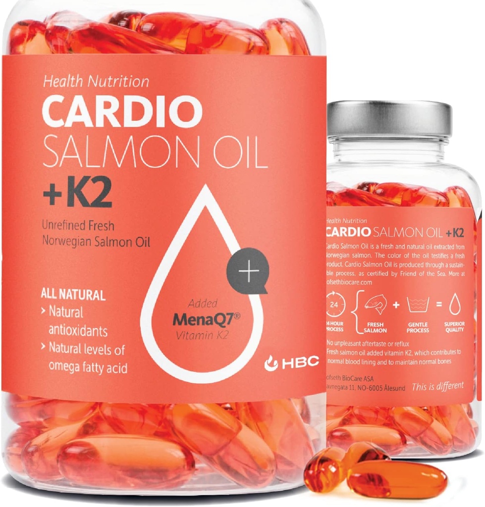 High Strength Omega 3 Fish Oil med vitamin K2-1000mg, norsk laxolja, EPA & DHA, Burpless, Omega 3 fettsyror tillskott för ögon, hjärna, hjärta och immunitet - 90 kapslar - Cardio