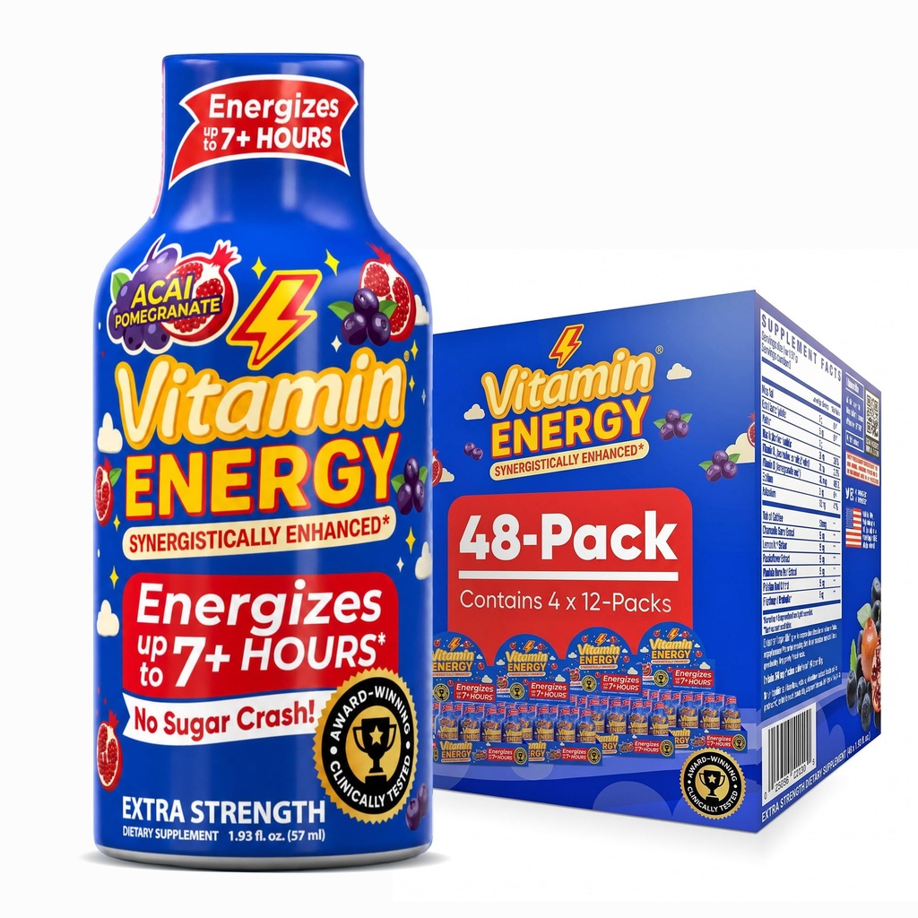 Vitamin Energy Acai Pomegranate Extra Strength Energy Shot, 48 Pack - Up to 7 Hrs, 260mg Natural Caffeine, Zero Sugar - B12 11,000% DV + B6 2,118% DV + Taurine 1,500mg, 1.93 fl oz, Keto Vegan
