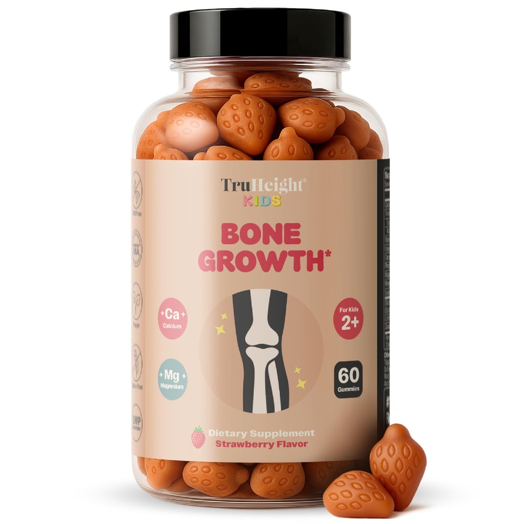 TruHeight Kids Bone Growth Gummies (Strawberry, Ages 2+) All Natural Kids & Toddler Vitaminer - Vitamin D, Calcium, K2, Magnesium Multivitamin - Naturlig tillväxt och utveckling, bygger starka ben, Vegan