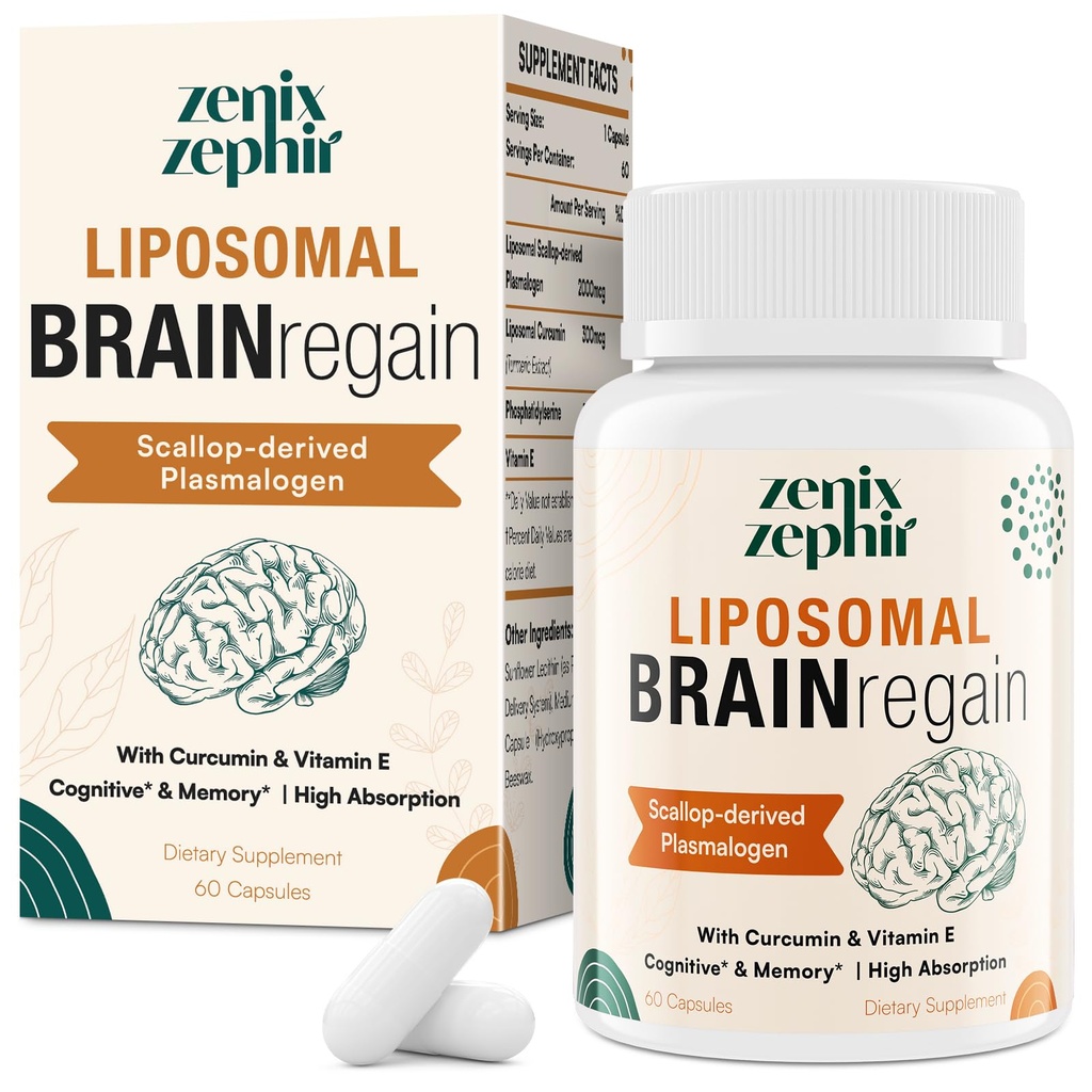 Liposomal hjärntillskott för minne och fokus - Plasmalogen med Curcumin & Vitamin E för bättre absorption - Lämplig för seniorer, vuxna män och kvinnor kognitiv hälsa, hög styrka 60 portioner