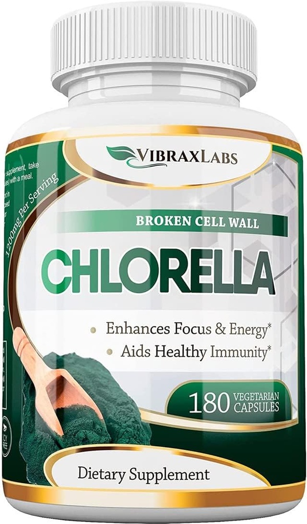VibraxLabs Chlorella Capsules - Broken Cell Wall 600 mg Veggie Pills (1200 mg Servering) - Proteinpulver tillskott för naturlig avgiftning, bäst med Spirulina, No Aftertaste, Made in USA