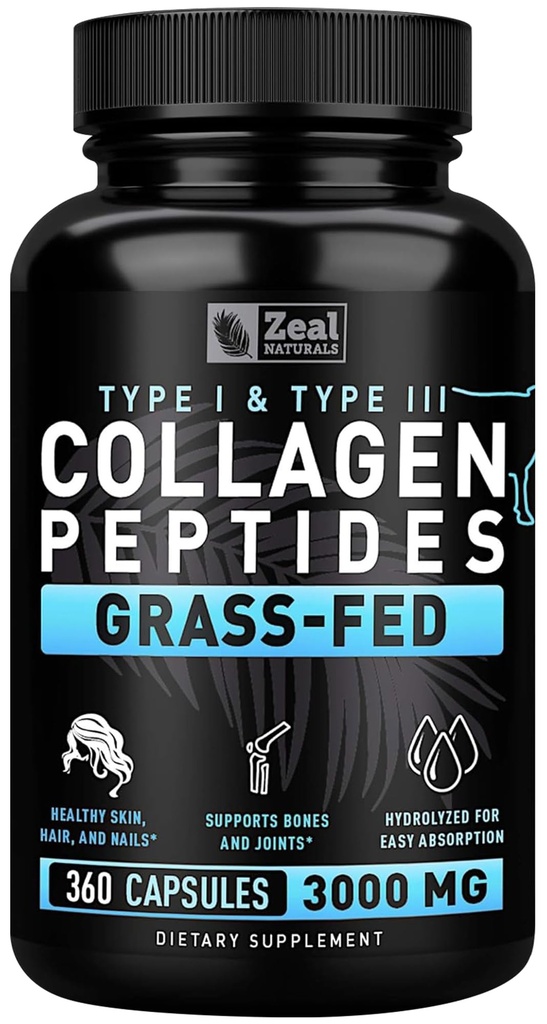 Zeal Naturals Collagen Peptides Collagen Pills (360 Capsules) Grass Fed Collagen Pepetide Powder - Hydrolyzed Collagen Powder för JointTendon SupplementHair Skin och Nails -