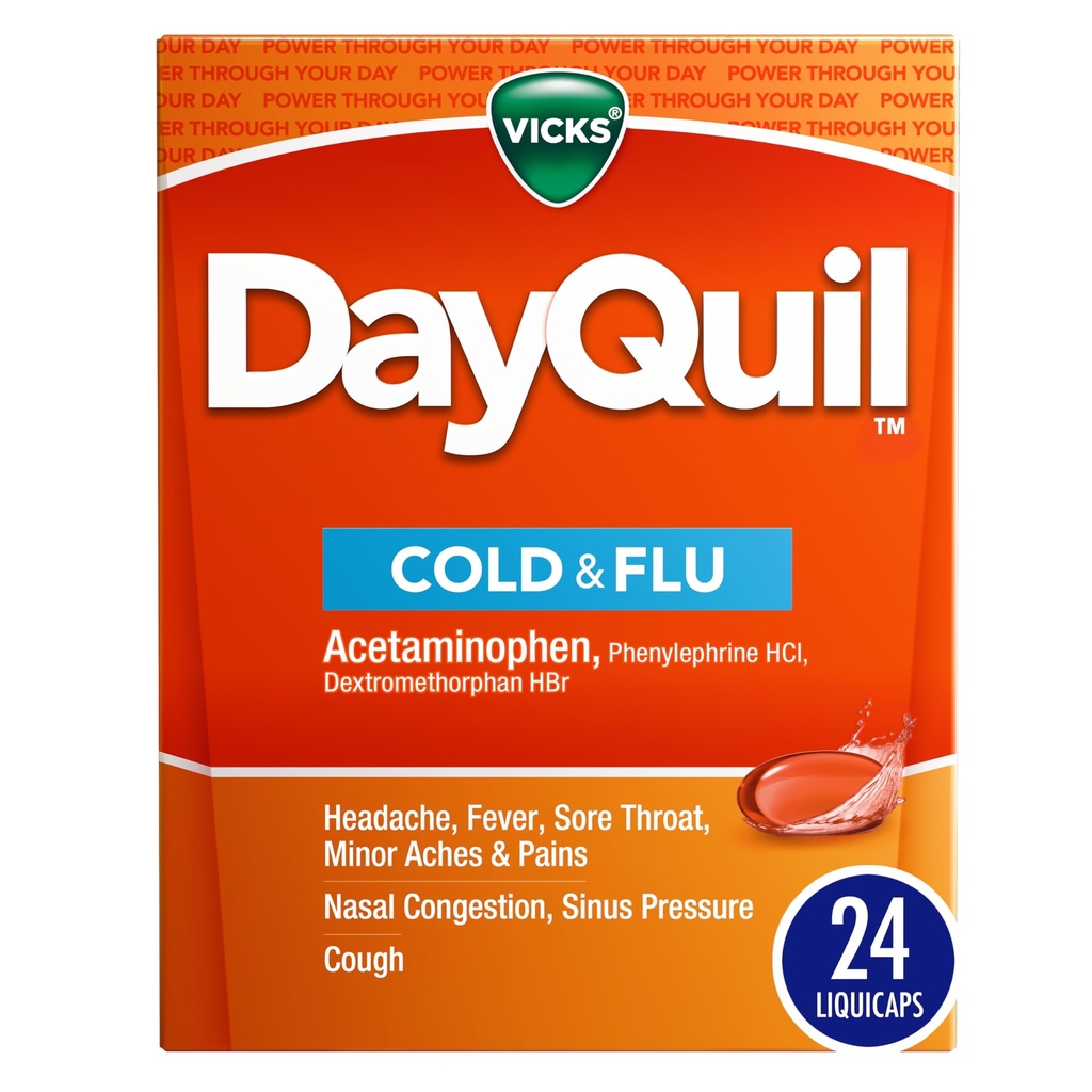 Vicks DayQuil Cold & Flu Medicine, Non-Drowsy Powerful Multi-Symptom Daytime Relief for Headache, Fever, Sore Throat, Minor Aches and Pains, Nasal Congestion, Sinus Pressure and Cough, 24 Liquicaps