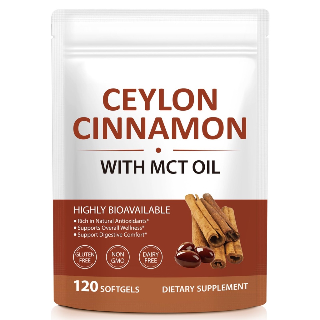 Ceylon Cinnamon Softgels with MCT Oil, True Ceylon Cinnamon Bark Extract, 120 Soft Capsules, Non-GMO, Gluten Free, Daily Herbal Supplement for Antioxidant & Digestive Support