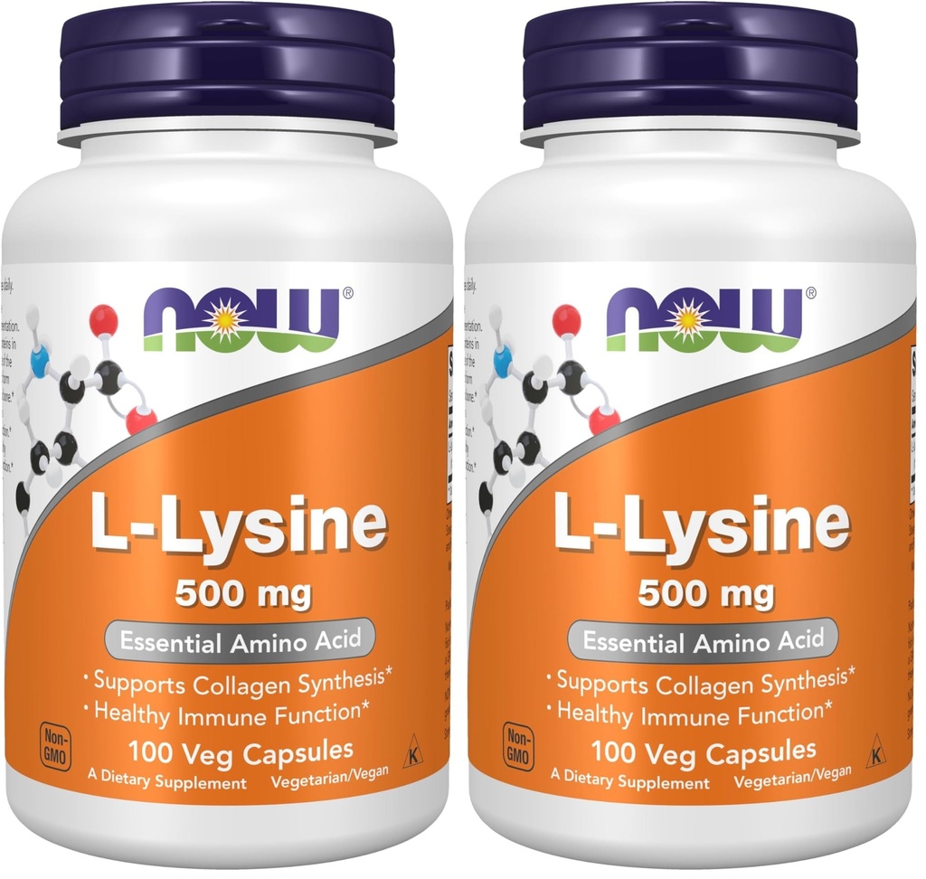 NOW Foods Supplements, L-Lysine (L-Lysine Monohydrochloride) 500 mg, Amino Acid, 100 Veg Capsules, (Pack of 2)