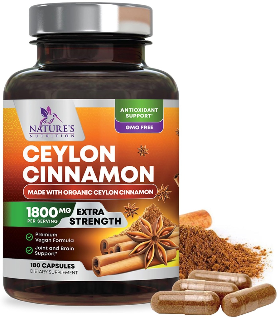 Organic Ceylon Cinnamon Supplement 1800mg - Certified Organic Ceylon Cinnamon Powder Pills - Energy & Heart Support för kvinnor och män, Bottled i USA, Antioxidant, Gluten Free, Non-GMO - 180 kapslar