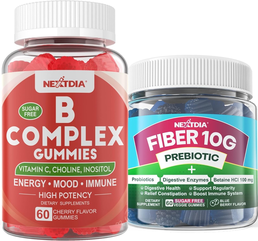 2 Pack Methylated Vitamin B Complex + 1 Pack Sugar Free 10g Prebiotic Fiber Supplement, Gummies för vuxna