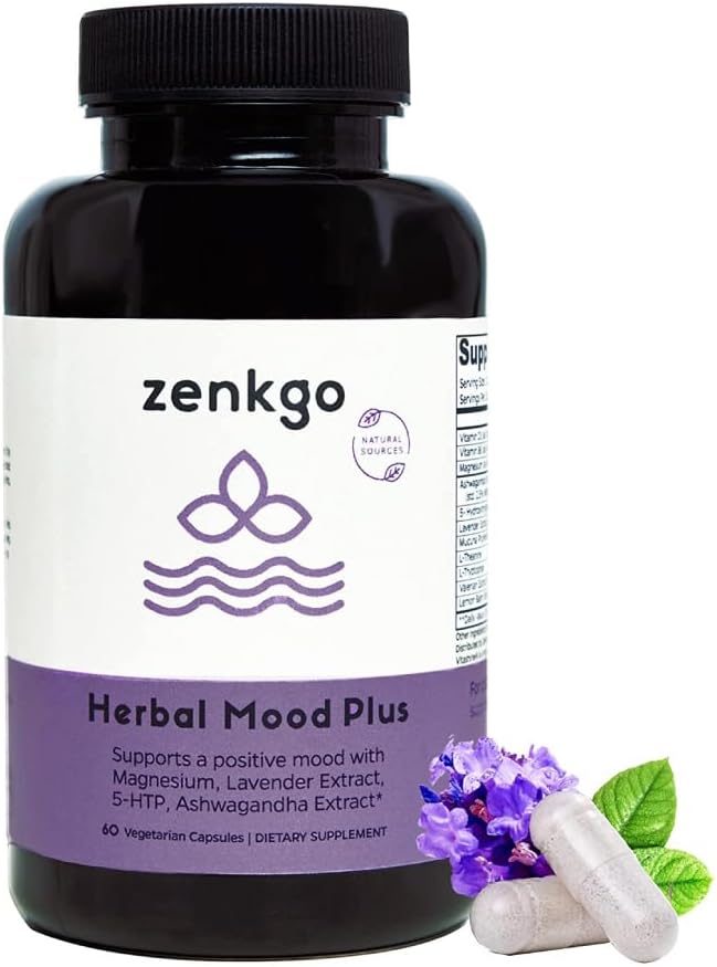 Zenkgo Ashwagandha, 5-HTP, Lavender, Mucuna, L-tryptophan - Mood Support Supplement, Plant-Based, Herbal Mood Plus hjälper till med Calm Mind & Stress Relief, Emotion Blalance, Positivitet (60Ct / 30Day)