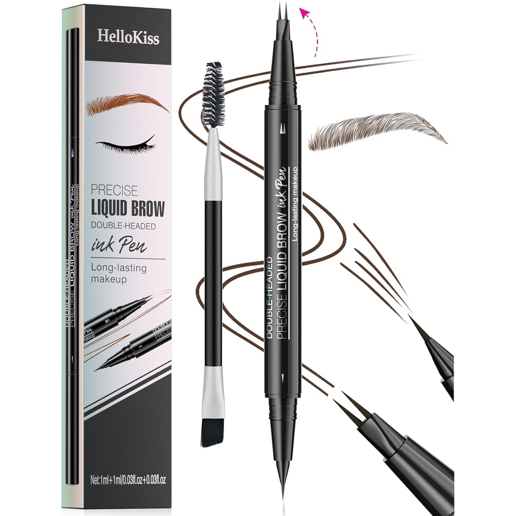 9708 2-Tip Double-Ended Eyebrow Pen, 2-i-1, med Eyebrow Brush. Vattentät och svettbevis,Precise Liquid Brow, 5 nyanser, långvarig (3 #Dark Brown)