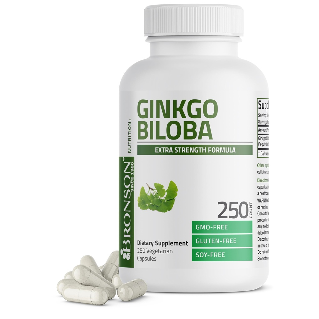Bronson Ginkgo Biloba Extra Strength stöder hjärnfunktion och minnesstöd, 250 vegetariska kapslar