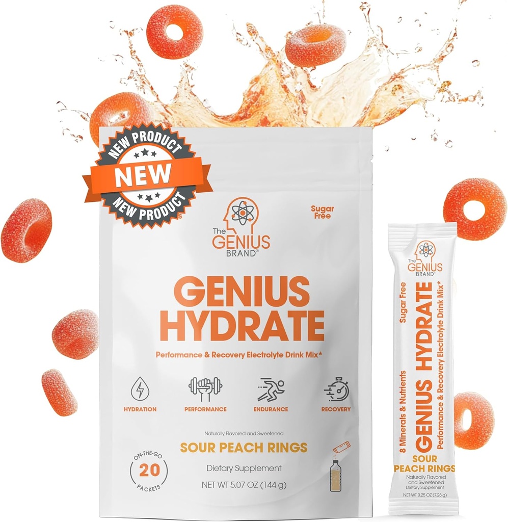 Genius Brand Genius Hydrate - Electrolyte Supplement for Daily Hydration - Coconut Water - Sugar-Free - 8 Essential Minerals & Nutrients - Non-GMO - Sour Peach Rings - 20 portioner