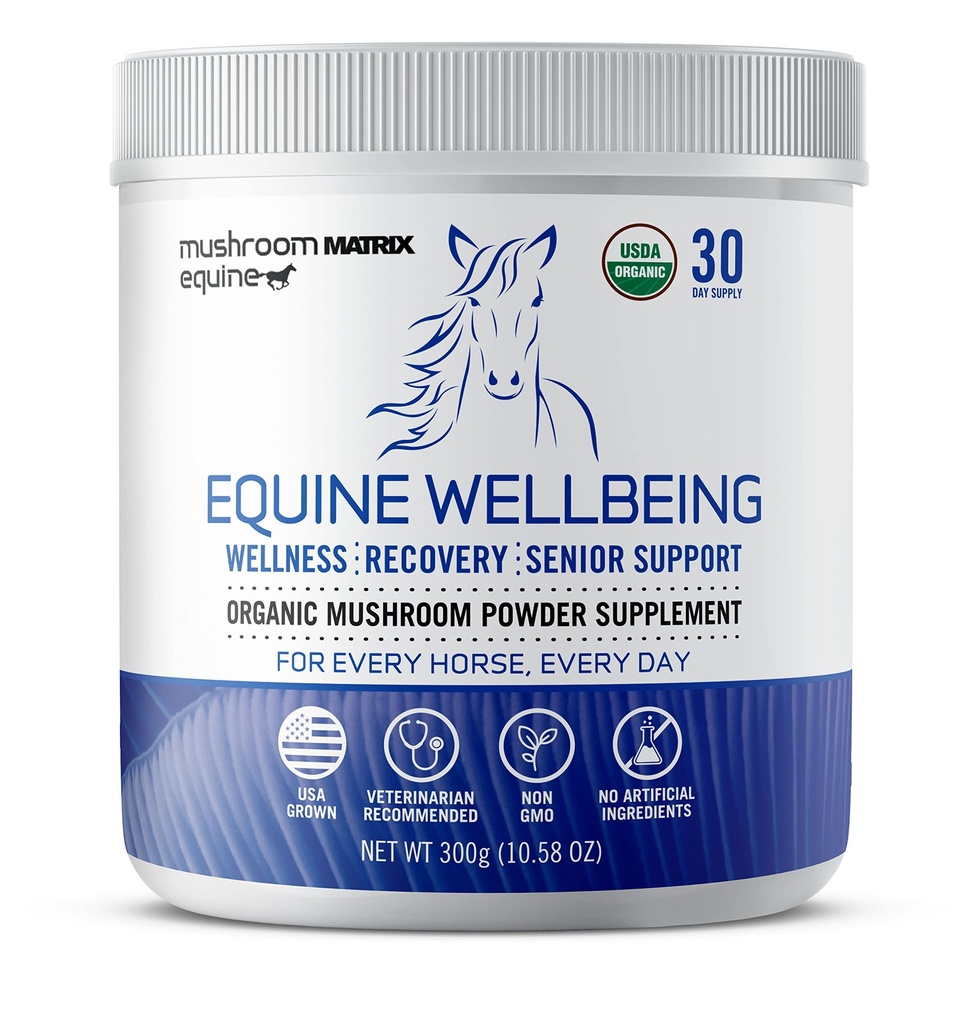 Om Mushroom Matrix - Equine | Wellbeing | USA Grown Human-Grade Organic Mushroom Powder Show Safe Horse Supplement | Wellness, Recovery och Senior Support | 300 Grams, 10.5 uns
