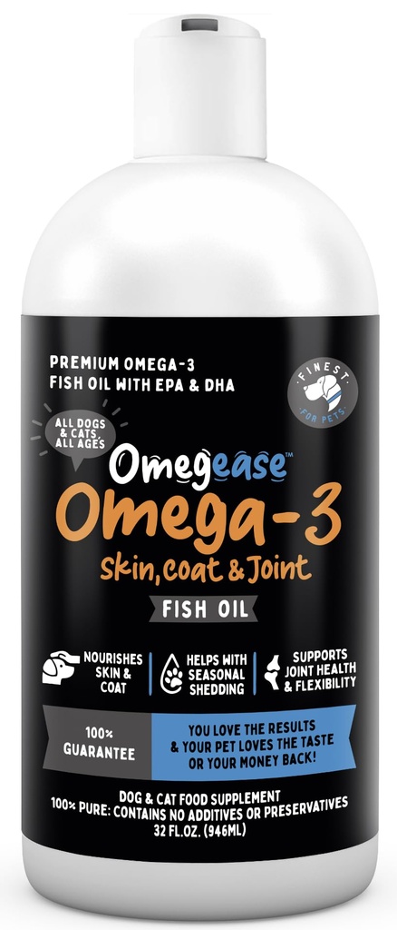 Omegease Fish Oil for Dogs & Cats - Finest for Pets Omega 3 for Cats & Dogs - Supplement for Skin & Coat, Itching, Shedding, Joints & Immune Health - 100% Pure Omega Fish Oil med EPA & DHA (32 oz)