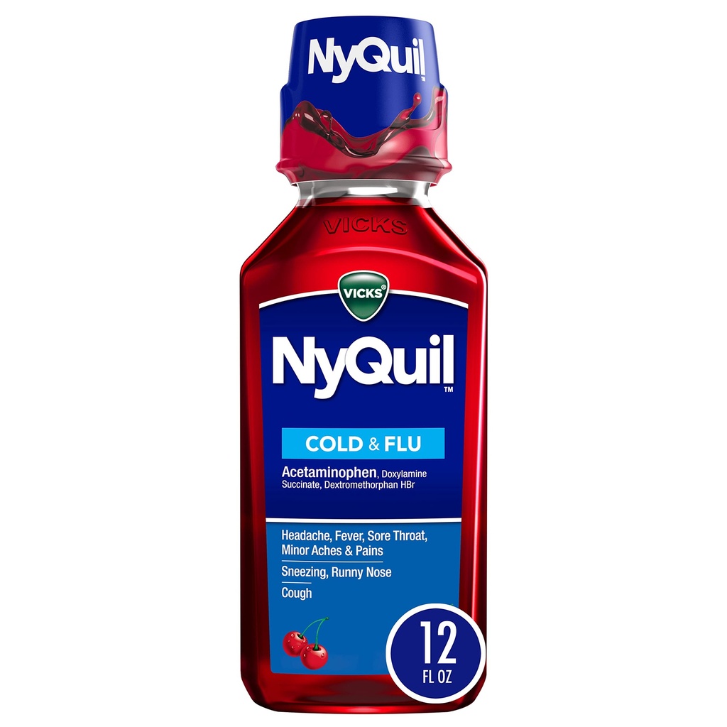 Vicks NyQuil Cherry Cold and Flu Relief Liquid Medicine, Nighttime Relief for Headache, Fever, Sore Throat, Minor Aches and Pains, Sneezing, Runny Nose, and Cough, Cherry Flavored, 12 FL OZ