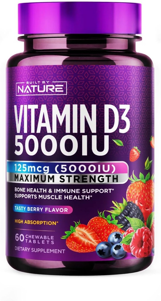 Byggd av Nature Chewable Vitamin D3 5000 IE - vitamin D Supplement Chews - Sugar Free & Natural Berry Flavor - 60 tabletter