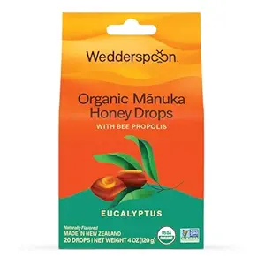 Wedderspoon Organic Manuka Honey Drops, Eucalyptus & Bee Propolis, 20 Count (4oz) (Pack of 1)| Äkta Nya Zeeland Honung | Perfekt botemedel mot torra halsar