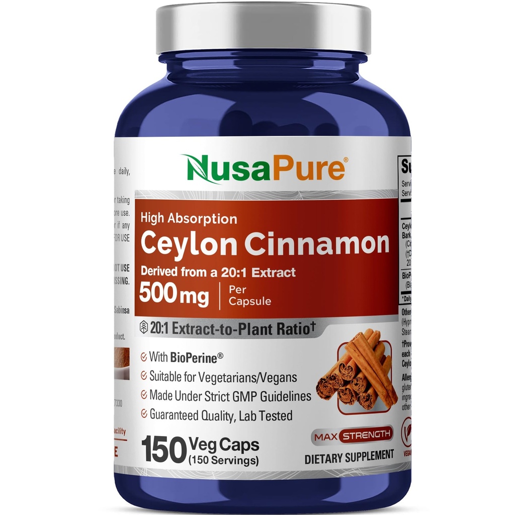 NusaPure Ceylon Cinnamon20:1 Extrakt, 500 mg Equivalent till 10 000 mg Per Caps | 150 Veggie kapslar | Non-GMO, Vegan med bioperin
