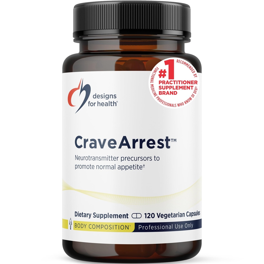 Designs for Health CraveArrest - L-Tyrosine Anti-Craving Support Supplement med 5-HTP, B6, Rhodiola, B12 - Designad för Serotonin + Dopamin Support (120 kapslar)